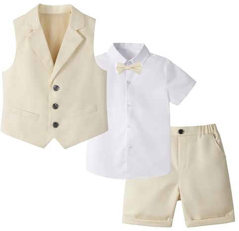 LOLANTA Ensemble de Costume pour Enfants 4 pièces, Costume de Mariage d'été pour garçons, Chemise à Manches Courtes, nœud Papillon, Gilet, Short, 3-12 Ans