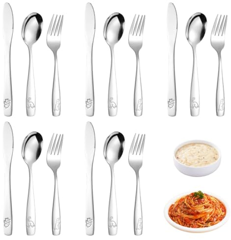 15 Pezzi Posate per Bambini con Incisioni Decorative in Acciaio Inox 5 Coltelli, 5 Forchette, 5 Cucchiai Lavabile in Lavastoviglie Sicuro e Atossico, Lucidatura a Specchio, Casa Scuola Uso (Dinosauro)