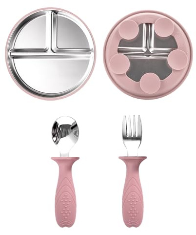 ZesNxj Kinderteller mit Saugnapf, Edelstahl Teller Baby Set mit Rutschfester Silikon Hülle, 1 Teller + 1 Löffel + 1 Gabel, Ideal für Kinder und Kleinkinder, Spülmaschinengeeignet