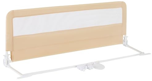 COSTWAY Barrera de Cama Infantil Plagable, 150×55 cm, Barandilla de Cama para Niños, Baranda de Seguridad para Bebé con Funda Extraíble, Malla Transpirable y Barra de Metal (Beige)