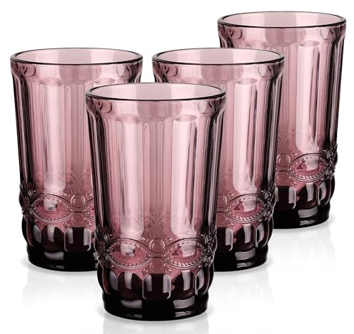 Joeyan Lot de 4 Verres à Eau Violet, 330ml Vintage Verres à Jus et Soda | Verres à Boire en Relief,Verre de Table Cadeau pour Banquets Noël,Mariages,Nouvelles Maisons et Fêtes, Lavable Lave-Vaisselle
