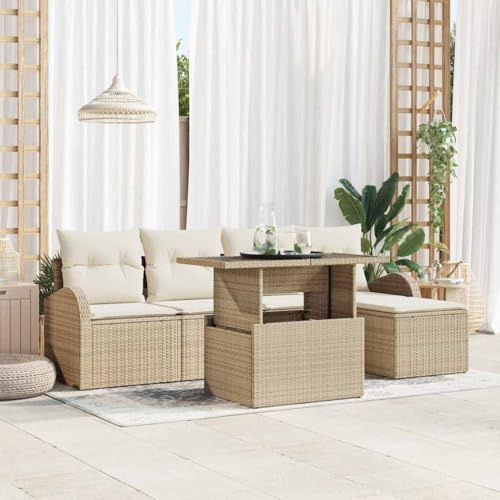 QZZCED Rattan-Sitzgruppe für den Außenbereich, 6-teilig, moderne Gartenmöbel mit Tisch und Kissen aus Polyester, wetterbeständig und leicht zu reinigen