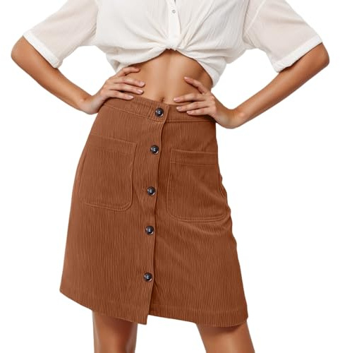 Falda corta de pana de talle alto con botones, falda corta de invierno con bolsillos, ajuste cómodo y elástico, marrón, L