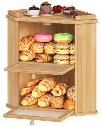 HOOBRO Bread Box, Bamboo Bread Box for Kitchen Countertop, 2-Tier Corner Bread Box, Food Storage Box, Bread Storage Container with Shelf, Bread Bin for Kitchen, Dining Room, Natural YL19MB01