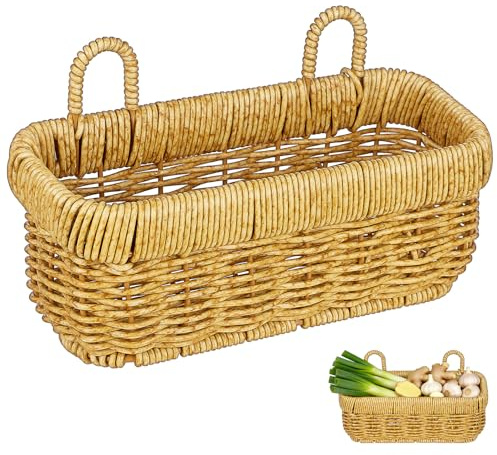 MOLUCKFU Cesto Porta Verdure Appeso in Rattan Plastico Khaki con Design Sospeso e Decorazione Murale per Cucina Rustica e Semplice