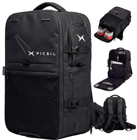 PICSIL Horizon Reseryggsäck - Expanderbar Ryggsäck 26L-33L Kabinväska för Flygplan - Vattentät Laptopväska för 15 och 15,6 tum med Skofack - Handbagage för Resa, Gym & Arbete - Moonless