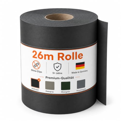 SCHUTZ-FUX Sichtschutzstreifen Rolle 26m x 19,1cm Anthrazit RAL 7016 – 1,1mm Dick, UV-Stabil & Selbsttragend Ohne Klemmen – Für Doppelstabmattenzaun – Made in Germany