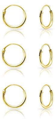 DTPsilver® 3 Paare WINZIGE Creolen Ohrringe 925 Sterling Silber Gelb Vergoldet - Knorpel/Wendel/Tragus - Dicke 1.2 mm - Durchmesser 10 mm