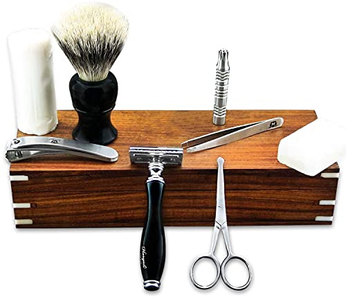 Spazzola per capelli di tasso con punta argentata a mano, in confezione regalo da 9 pezzi.