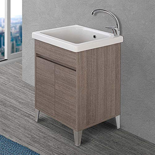 Inbagno Mobile lavatoio per Lavanderia con Vasca in Ceramica, L.61xP.51xH.87,5 cm, Linea Way in Diverse colorazioni, Vasca con strofinatoio Integrato (Rovere Scuro)