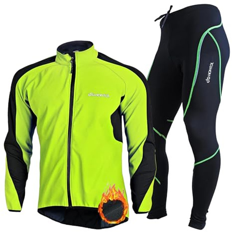 HOMTOL Cykelkläder Herr Vinter Cykeljacka För Män Lång Set Cykling Bike Set Andningsaktiv Fleece Ärm Jacka + 3D Gel Vadderade Långa Byxor, Grön, M