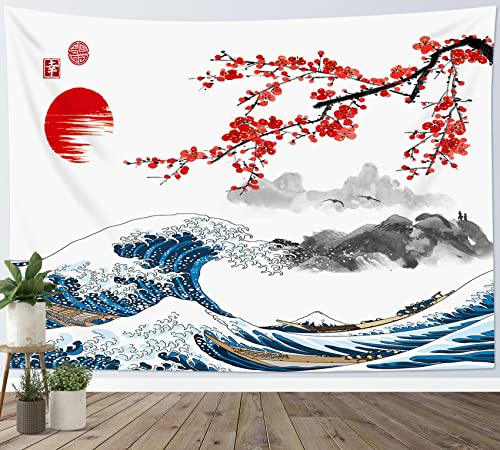 LB Wandteppich Japanisch Wandtuch Große Welle Wandbehang Rote Kirschblüte und Berg Tapisserie für Wohnzimmer Schlafzimmer Wohnheim Wanddeko,200x150cm