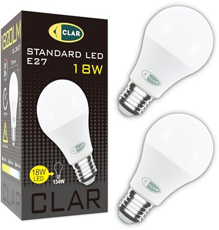 CLAR – Bombillas LED E27 18W Luz Fría 6500K, Bajo Consumo, Alta Luminosidad, Ideal para Cocinas, Garajes y Oficinas (Pack de 2)