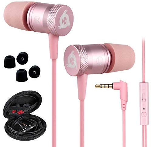 KLIM Fusion - Auriculares con micrófono para móvil - Nuevo - Garantía 5 años - Innovadora Espuma de Memoria - Jack 3,5 mm - Compatibles con Smartphone, Tablet Consola PC - Rosa Oro (Reacondicionado)