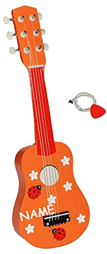 alles-meine.de GmbH Gitarre Holz mit Plektrum - Marienkäfer Punkte orange - incl. Name - 6 Saiten stimmbar - Kindergitarre für Kinder Spielzeuggitarre für Jungen Mädchen gepunkte