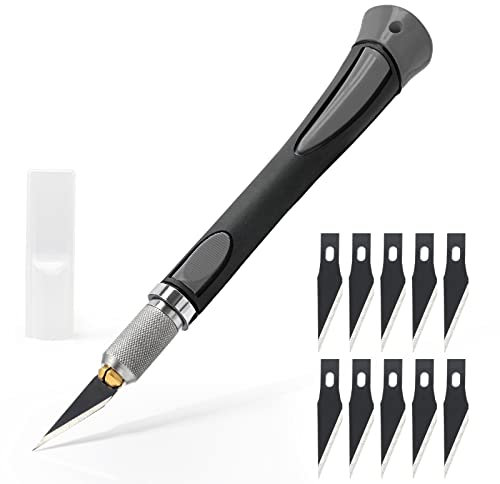 EHDIS Taglierino di Precisione con 10 Lame di Olio Antiruggine, Bisturi Modellismo di Gomma Antiscivolo, Cutter di Precisione, per Lavoro Artistico Taglio, Scultura, Grigio