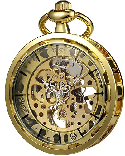 VIGOROSO Mens Steampunk Pocket Watch with Chain Skeleton Manual Hand Wind Mechanical Watches for Men, Gift for Husband