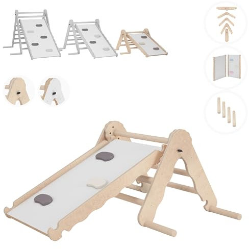 MAMOI® Klettergerüst Indoor, Kletterdreieck mit Rutsche aus Holz, Kletterturm mit Rutschbrett, Kletterbogen, Regenbogenwippe, Montessori Spielzeug