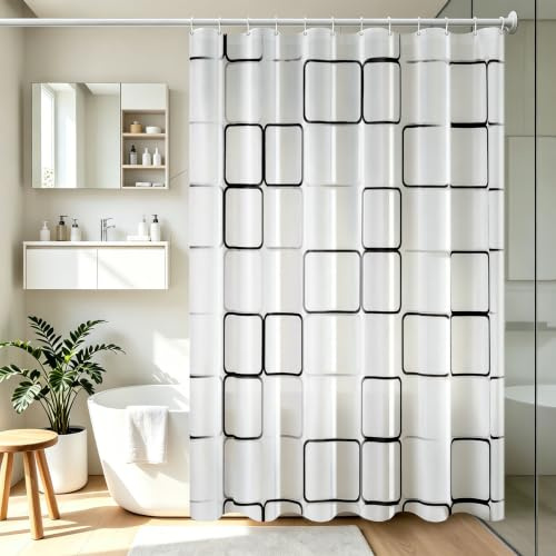 Vllcsla Shower Curtains Mould Proof Resistant 180 200 220 240 cm, 180x200 cm, Extra Long Bathtub Curtains 200 Drop Black and White, Waterproof Large PEVA Bathroom Curtain Squares, 12 Hooks