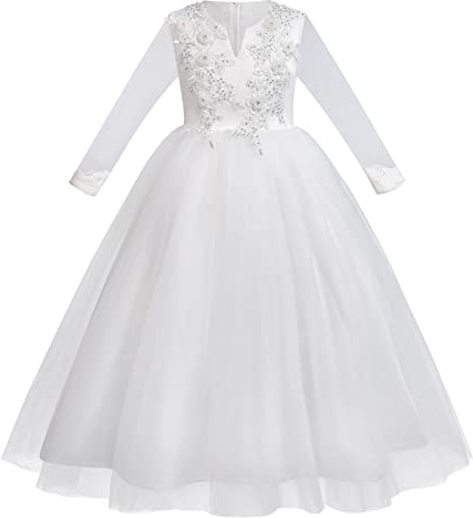 First Holy Communion Dresses, Confirmation Dresses for Teen Girls - Flower Girls Satin Tulle Princess Pageant Dress for Wedding Kids Pearls Prom Ball Gowns White - long sleeve 11-12 Years