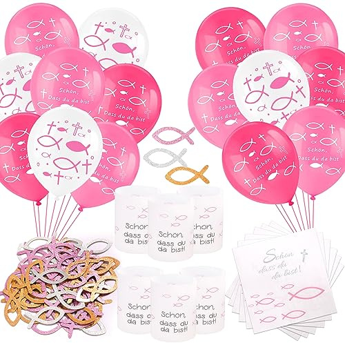HOWAF Kommunion Deko Mädchen, Luftballons Kommunion, Servietten Fisch, Windlicht, Konfetti für Erstkommunion Tischdeko Konfirmation, Taufe Deko