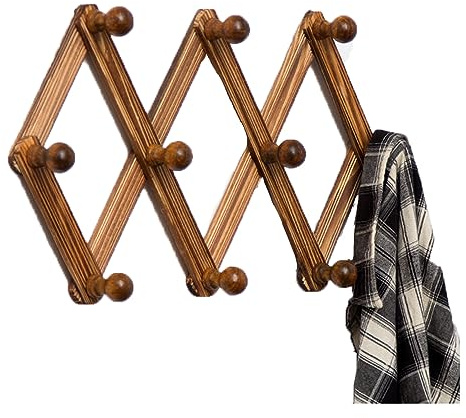YUEMING Perchero de Pared de Acordeón, Moderno Perchero Expandible Montado en la Pared con 10 Clavijas, Estante de Madera Maciza para Sombreros de Pared para Colgar Gorras Bolsas Bufandas Joyas Llaves