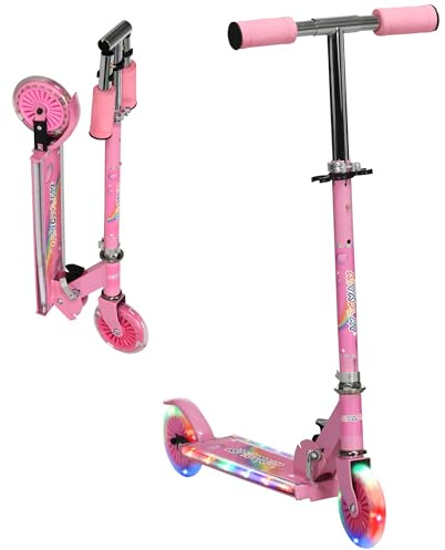 HOMCOM Patinete para Niños de 2 Ruedas, Patinete Infantil Plegable con Música 4 Altura Ajustable 65-78 cm Ruedas con Luces LED para Niños y Niñas de 3-7 Años Carga 50 kg Rosa