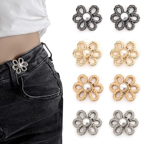 8 Sets Knöpfe Hosen Enger Machen,Hosenknöpfe Zum Stecken,Hose Enger Machen Clip,Hosen Knopf Spanner Fastener, Perlen Blumen Einsteller,Kleidung Verstellbare Taille Schnallen