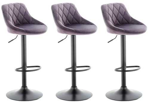 MILLIES DESIGN Set of 3 matching VALENCIA Velvet Bar Stools Set Velvet Exterior, Adjustable Swivel Gas Lift, Black metal parts for Breakfast Bar, PACK OF 3 ! (GREY)
