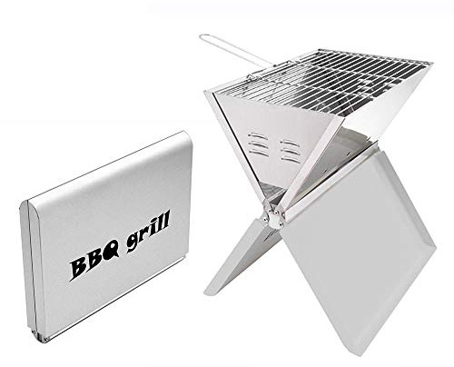 Xigner Barbecue au charbon de bois, Barbecue de camping, Barbecue pliant, Barbecue de table en acier inoxydable 36 * 24 * 39 cm pour pique-nique, BBQ, cuisine, randonnée Argent