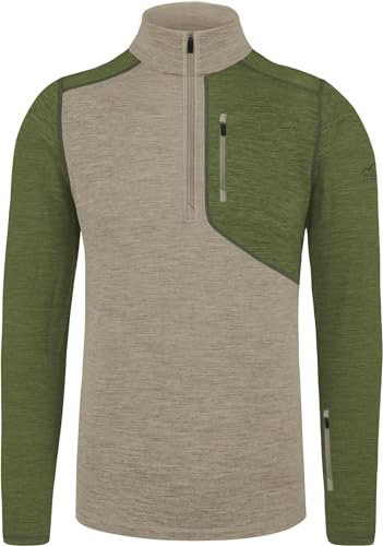 Herren Merino Oberteil Ski-Langarm-Shirt Longsleeve mit Reißverschluss - 100% Merinowolle - Pullover mit 1/4 Zip und Arm-Reißverschluss Farbe Khaki Größe S