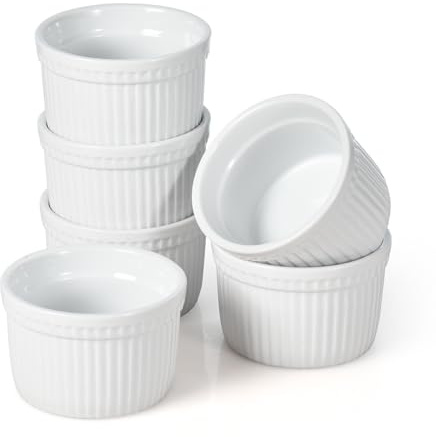 WishDeco Ramekins Set of 6, Creme Brulee Ramekins 7 oz, White Dipping Sauce Dishes, Porcelain Ramekin Bowls for Baking, Souffle, Custard Pudding, Cake, Oven Safe
