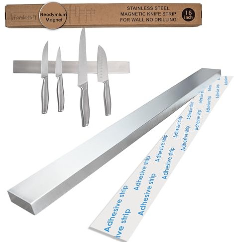 Hamletoff Premium Magnetic Knife Strip for Wall no Drilling – 16 Inch Stainless Steel Magnetic Knife Holder with Neodymium Magnet Strong Adhesive Tape - Lightweight Kitchen Magnet Knife Bar