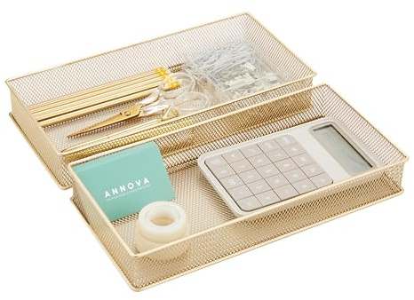 Annova Netz-Schubladenschrank und Regal, Organizer, Aufbewahrungskorb, für Schule, Büro, Zubehör, 2 Stück (Gold, 30.5x15x5cm)
