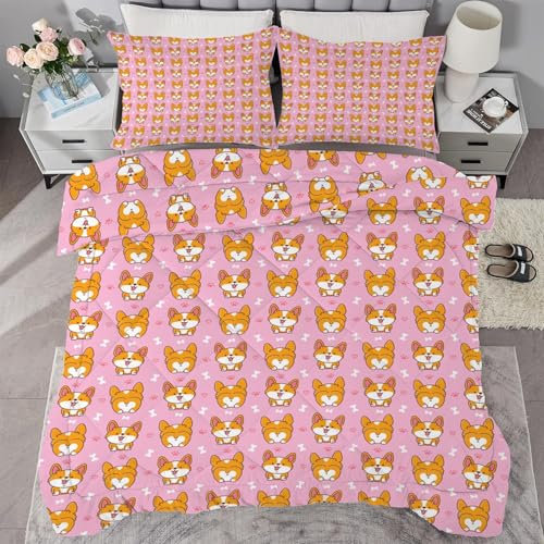 buyluhn Bettdecke 155x220 Ohne Bezug Nutzbar，4 Jahreszeiten Bettdecken Corgi-Hund Waschbar Steppdecke Rosa Ganzjahresdecke，Bettzeug mit 2 Kissenbezug für Sommer Winter