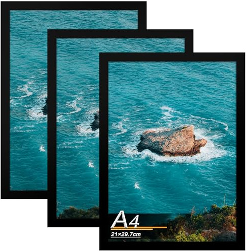 Tinkeps Cornice per Foto A4 in Legno (21 x 29,7cm), Nero Set di 3, per Tavolo o da Appendere Verticalmente e Orizzontalmente al Muro, con Plexiglass Trasparente e Infrangibile