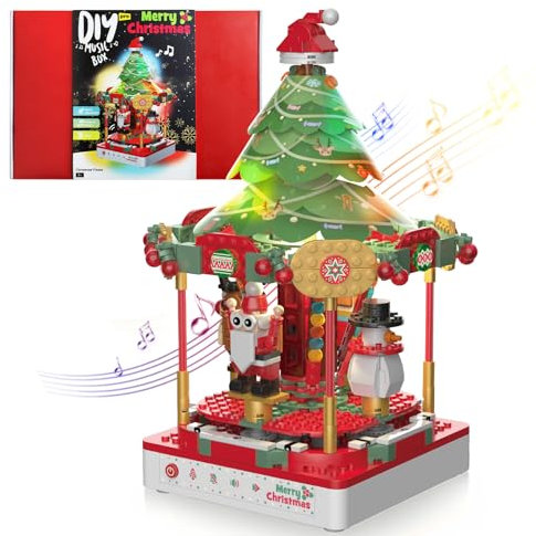 Weihnachtsbaum-Spieluhr Bauspielzeug 2-in-1 mit rotierendem Weihnachtsmann Schneemann Elch zwei Lichtern, Berühren Konstruktionsspielzeug Weihnachtsgeschenkfür Erwachsene und Kinder im Alter von 8+