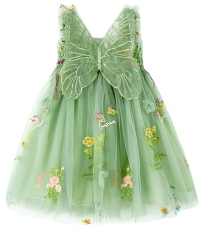 Miipat Baby flicka tyll fjäril ungdom flicka ärmlös broderad blomma prinsessa klänning bröllopsfest födelsedagsklänningar för flickor, Olivgrön, 5-6 ans
