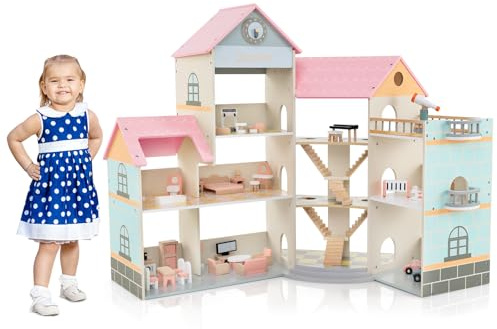 COSTWAY Casa delle Bambole in Legno, Casetta delle Bambole a 3 Piani con 41 Mobili e Accessori, Giocattolo per Bambini 3+ Anni,107 x 82,5 x 94,5 cm (Rosa)