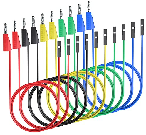 Cleqee Stackable Banana Plug to Breadboard Female Jumper Wires 5 Colours | 10PCS Soft Flexible Silicone, Test Leads, Electrical Testing