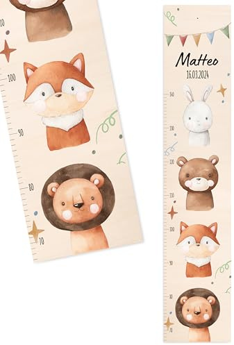 Bärenfreunde® - Personalisierte Messlatte Kind Holz zum Kleben oder Aufhängen - Skala 70-140cm - Süße Dekoration für Baby- & Kleinkinderzimmer (Kinder 70-140cm, rundliche Babytiere)