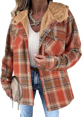 Generisch Hemdjacke Damen Flanellhemd Kariertes Knöpfen Taschen Mantel Holzfällerjacke Plaid Plüsch Fleece Gefüttert Jacke Winter Bluse Mit Kapuze
