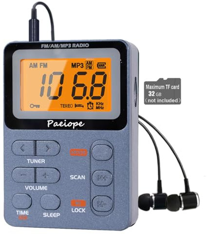 Paeiope Portable Radio AM FM, Rechargeable Pocket Walkman with Best Reception Digital Tuning, MP3, Stereo Earphone, Large LCD Screen, TF Card Socket, Transistor Radio for Jogging/Gym/Camping(Blue)
