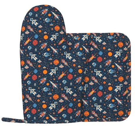 Oven Mitts and Pot Holders Sets, Spaceships and Stars in Outer Space Heat Resistant Silicone Oven Mitts Pot Holders for Kitchen Baking Cooking, Non-Slip Oven Gloves Hot Pads Potholders