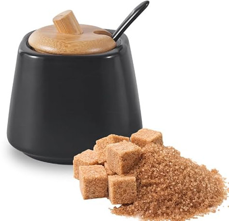 Pullmer Zuccheriera in ceramica con coperchio in legno di bambù e cucchiaio da zucchero, zuccheriera (quadrato rotondo nero)