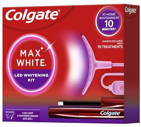 Colgate Max White LED Teeth Whitening Kit with 2 Overnight Wands - Ultimate Whitening in 10 Minutes* - Reverses up to 20 Years of Stains* - Flexible LED Device