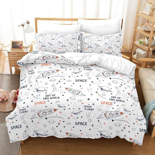 Set di biancheria da letto con motivo spazio, 220x240cm, per ragazzi e ragazze, bianco e blu, con stampa di razzi, pianeti, stelle e universo, completo con federa per cuscino 50x75cm (B, 220x240cm)
