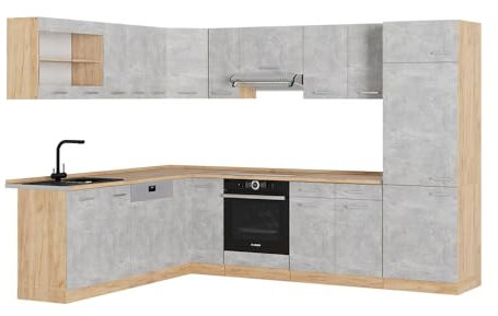 Vicco Eckküche R-Line, Küchenzeile in L-Form, Beton/Goldkraft Eiche, 227 x 287 cm, AP Eiche