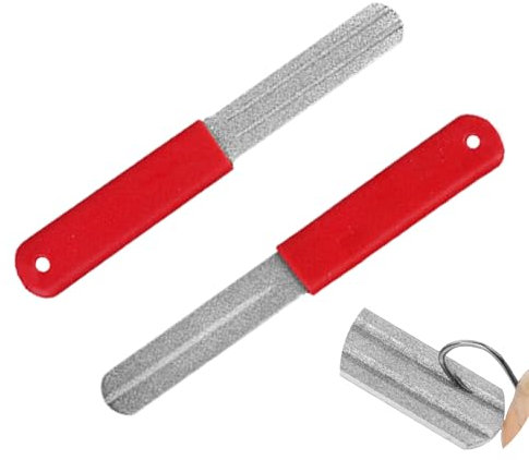 vcsjw 2 Stück Fischhakenschärfer,Angelhaken Schleifer,Doppelseitig Angelhaken-Schärfer Tragbares Mit Griff Und HäNgende für Outdoor Angeln (Rot)