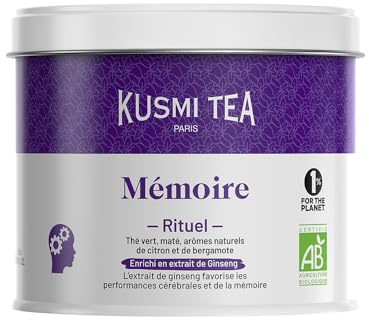 Kusmi Tea - Rituel Mémoire - Thé Vert, Maté Bio - Enrichi en extrait de Ginseng - Arômes Naturels de Citron et de Bergamote - Boîte Thé Métal 100g - Quantité pour environ 50 Tasses